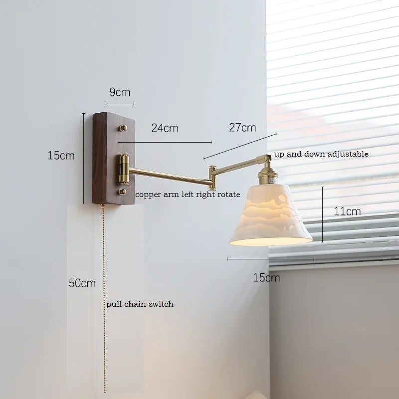 Axyaa Walnut Ash Wood Canopy LED Wall Sconce with Pull Chain Switch