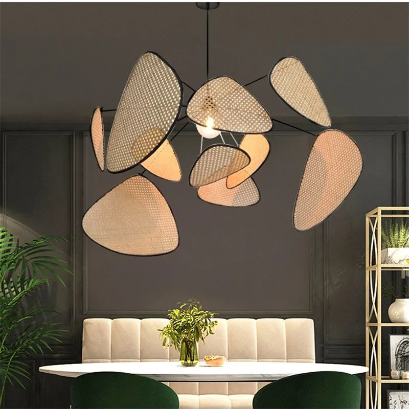 Axyaa Rattan Wicker Chandelier Kitchen Leaf Grid Wood Bamboo Lamp