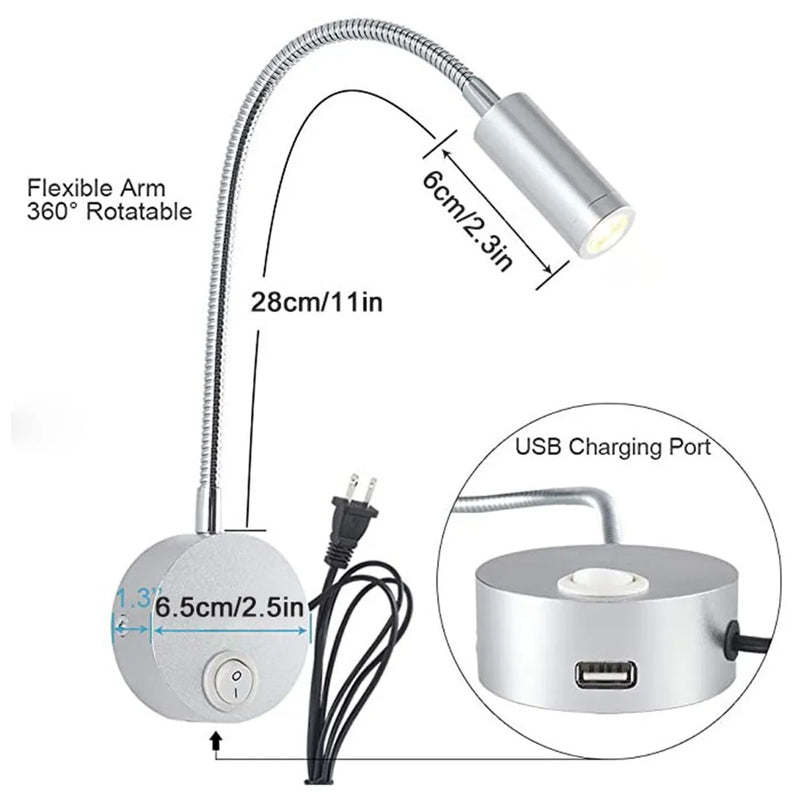 Axyaa 3W LED Wall Light with USB Charging Port & Switch