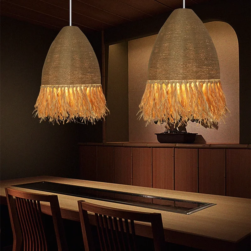 Rattan Woven Pendant Light Chandelier for Retro Dining Room, Axyaa Wabi Sabi Style