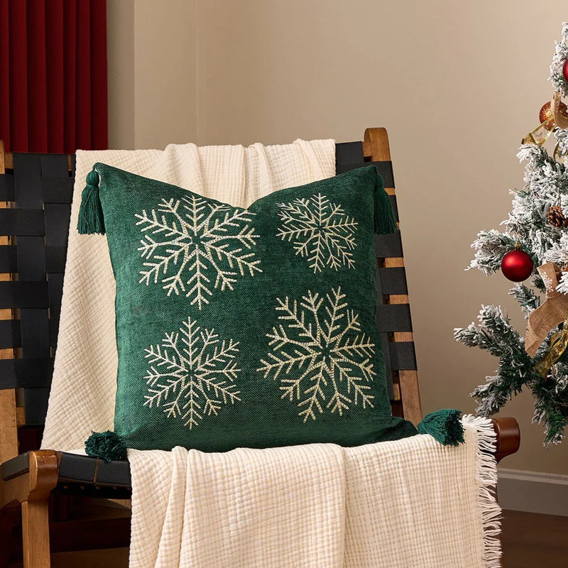 Axyaa Christmas Tree Bell Cushion Cover - Green Red Snowflakes, Pompom Balls Embroidery