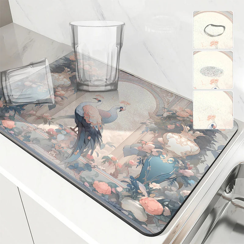 Axyaa Coffee Mat: Absorbent Kitchen Drying Pad with Plants, Birds & Flowers