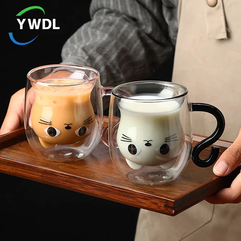 Axya 250ml Cartoon Cat Double Wall Glass Coffee Tea Cup Heat-resistant Mug