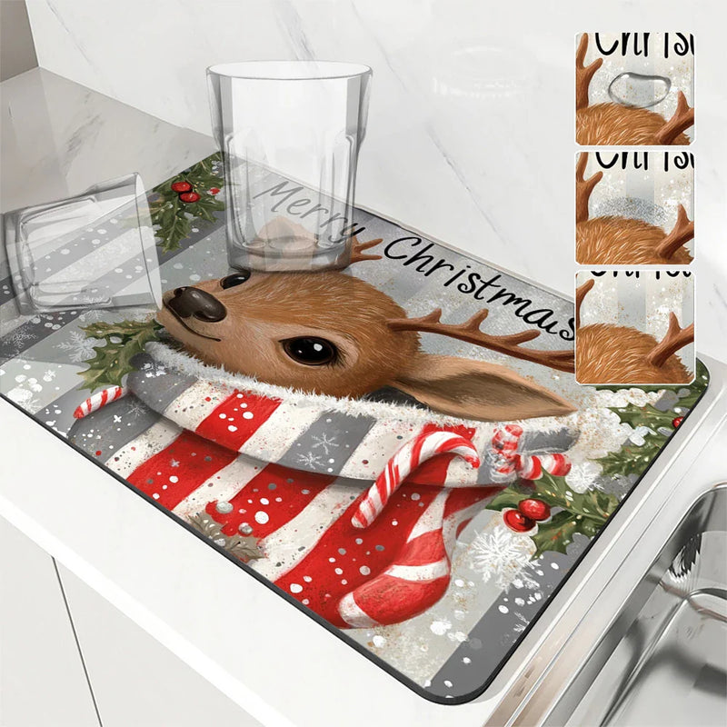 Christmas Deer Socks Berries Non-Slip Drying Mat by Axyaa Kitchen Counter Placemat