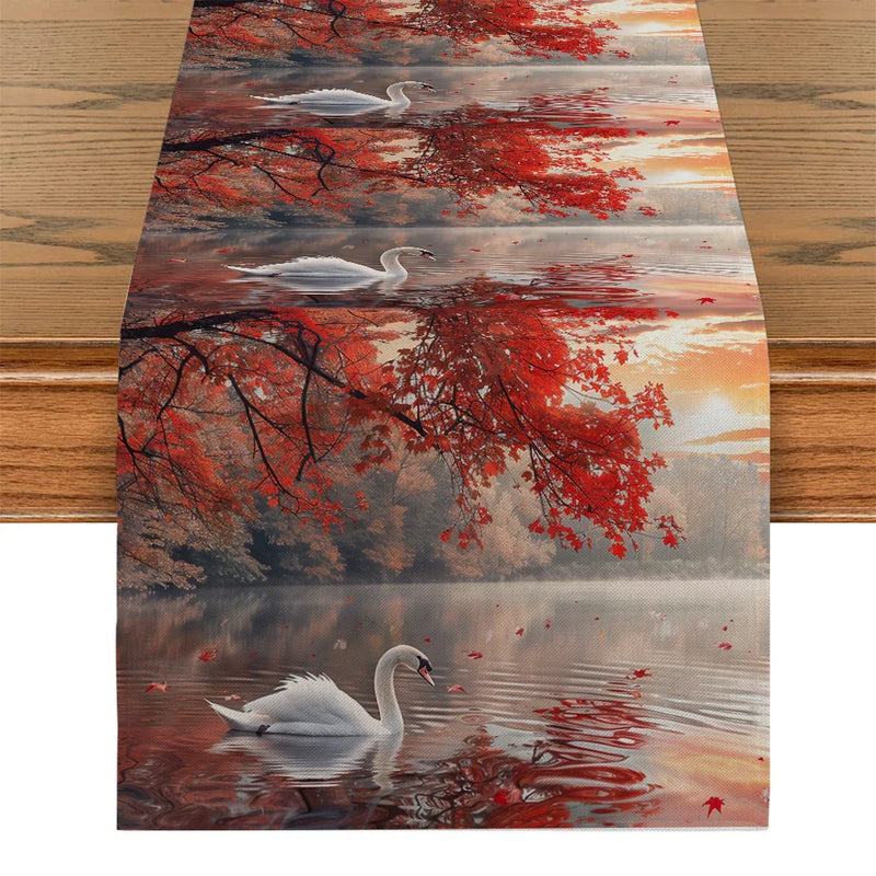Axyaa Red Maple Swan Lake Table Runner for Home Decoration