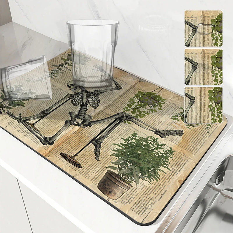Axyaa Halloween Skeletons Drying Mat Absorbent Tableware Bathroom Kitchen Skeleton Hide Stain