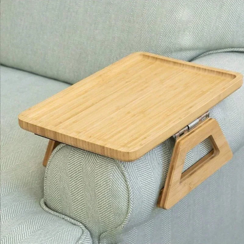 Axyaa Wooden Sofa Armrest Table: Foldable Round Snack Tray for Living Room