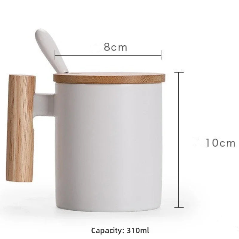Axyaa Ceramic Wooden Handle Coffee Cup Set with Lid, Spoon - 310ml