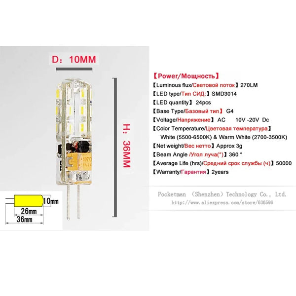 Axya High Power G4 LED Bulb: Dimmable, Super Bright 24/48 LEDs 3014 SMD.