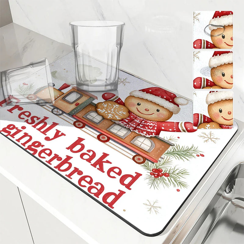 Christmas Gingerbread Snowflake Drying Mat by Axyaa: Non-Slip Absorbent Kitchen Placemat