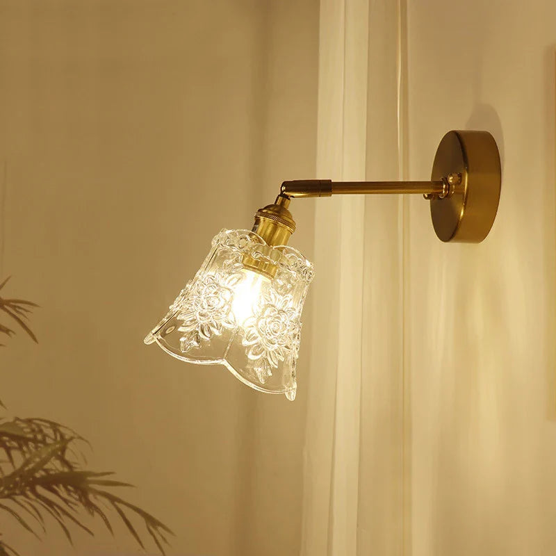 Axyaa Glass Shade Brass Wall Sconce Lamp - Modern Luxury Mirrored Bedside Light