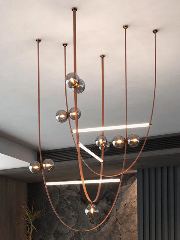 Axyaa Modern Italian Leather Pendant Lamps Minimalist Glass Ball Chandelier for Villas and Duplexes