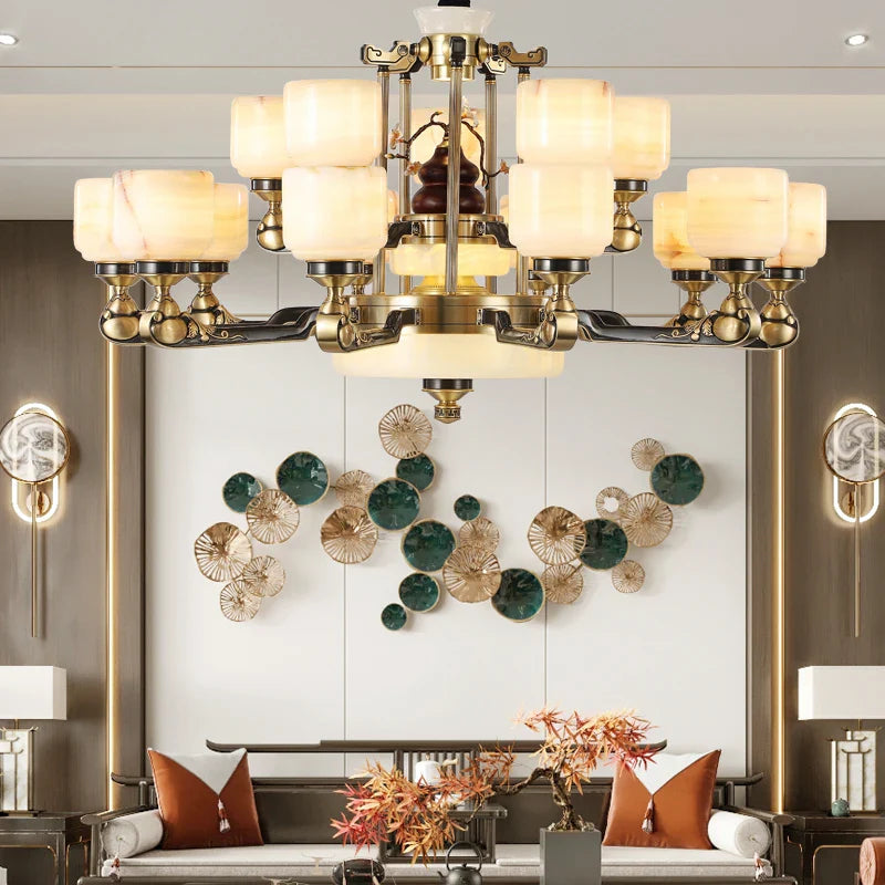 Axyaa Duplex Living Room Chandelier: Elegant Chinese Villa-style Multi-storey Zinc Alloy & Jade Lamps.