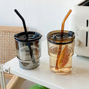 Axyaa Coloured Glass Tumbler Cup with Lid & Straw - 400ml Grey Amber Glass