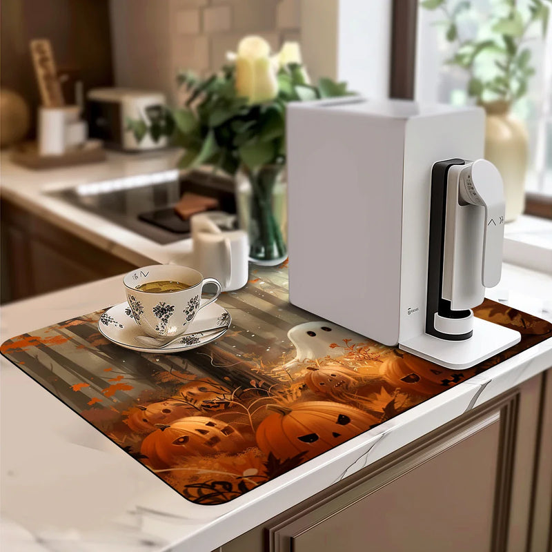 Axyaa Halloween Coffee Dish Mat: Absorbent & Anti-Slip Kitchen Draining Pad