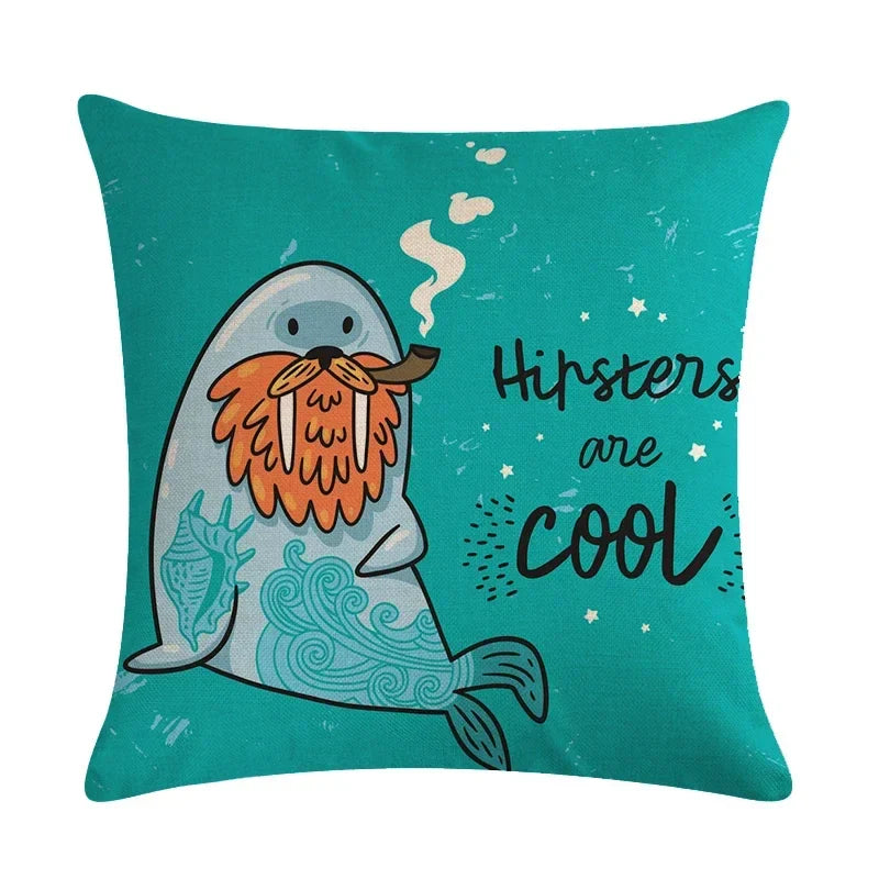Axyaa Sea Lion Linen Pillowcase for Sofa Bedroom Children's Room Decor 45cm*45cm