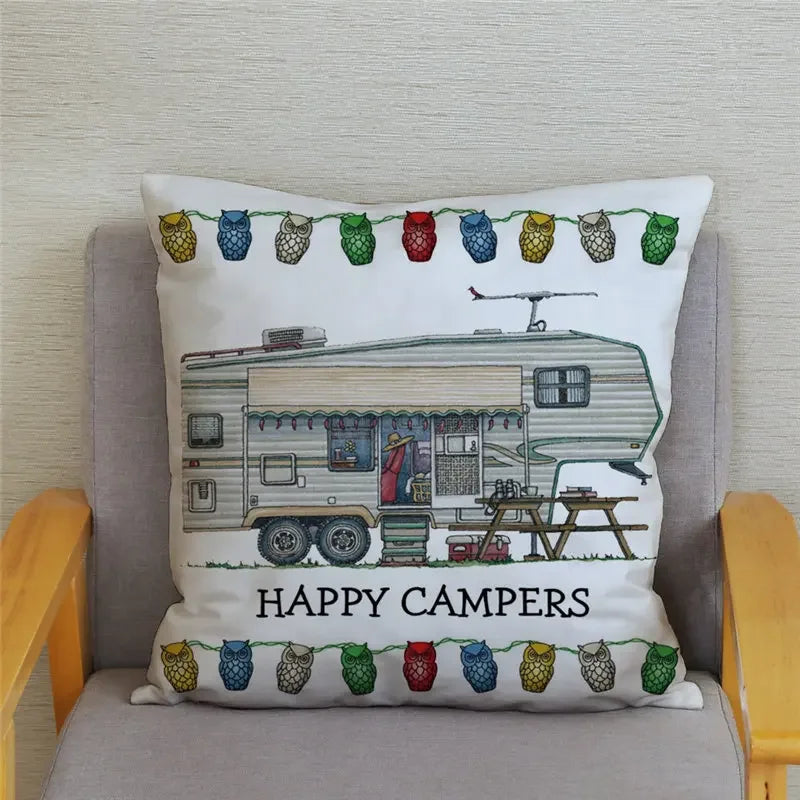 Happy Campers Owl Motorhome Print Pillow Case by Axyaa