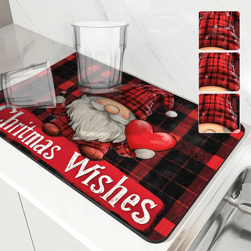 Axyaa Christmas Dwarf Kitchen Draining Mat: Absorbent, Anti-slip, Quick-Dry Drain Pad