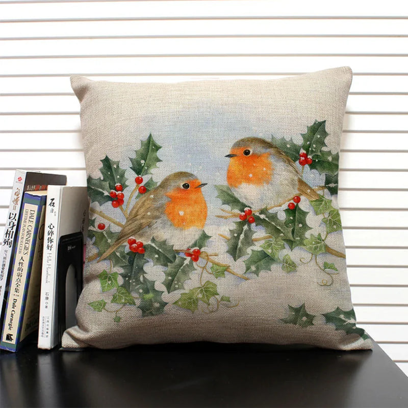 Axyaa Christmas Bird Snow Pattern 45x45cm Linen Pillow Case Home Sofa Decoration