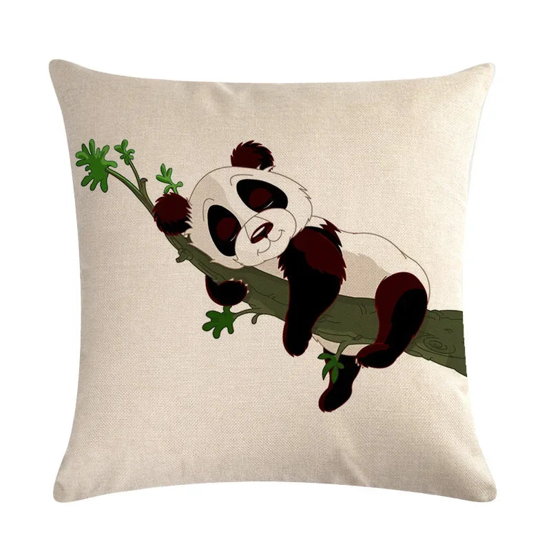 Axyaa Cartoon Panda Print Linen Pillowcase 45x45cm Square Home Sofa Decoration Cover