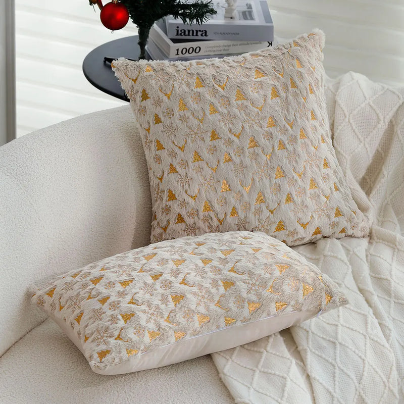 Axyaa Snowflake Elk Foil Print Cushion Cover - Soft Plush Xmas Throw Pillow