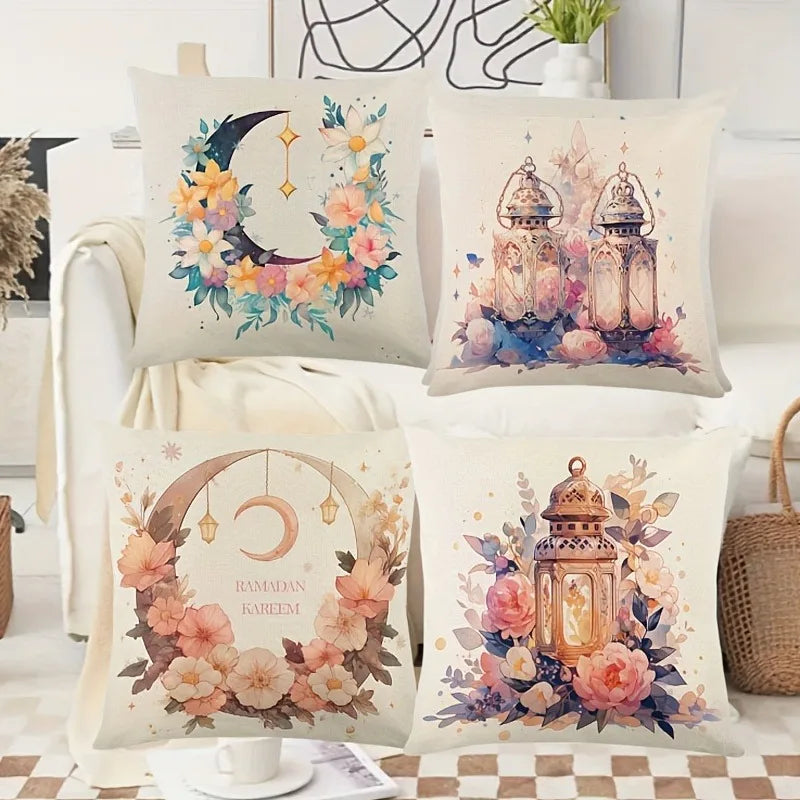 Axyaa Ramadan Karim Pillowcase: Flower Crescent Moon Lamp Design Sofa Cushion Cover