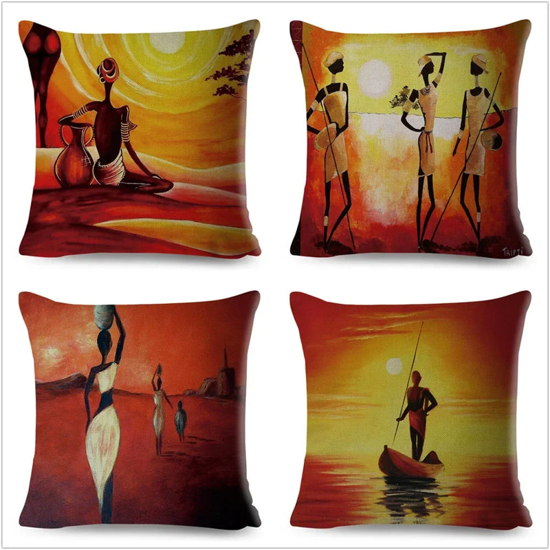 Axyaa Abstract African Woman Decorative Cotton Linen Cushion Cover