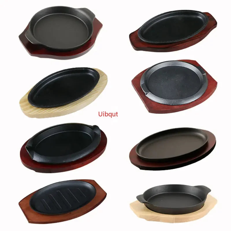 Axya Round Cast Iron BBQ Grill Pan with Wooden Tray for Striped Steak & Barbecue