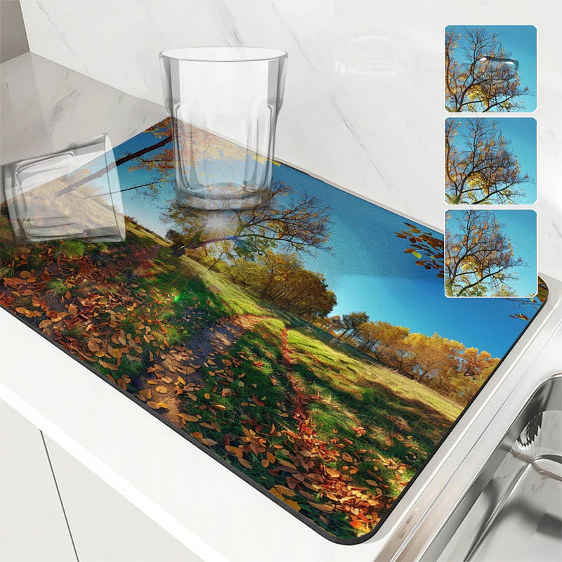 Axyaa Autumn Scenery Coffee Mat - Quick Dry Dish Draining Pad