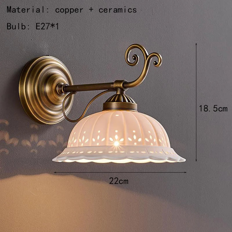 Axyaa White Ceramic Wall Light with E27 Bulb, Old Brass Finish