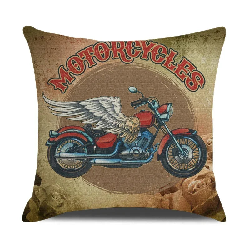 Retro Motorcycle Girls Linen Pillow Cover by Axyaa
