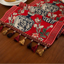Axyaa Blue & White Porcelain Jacquard Table Runner with Tassel for Living Room Decor