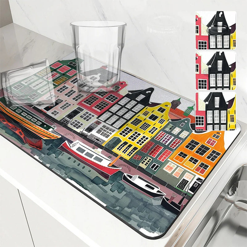 Axyaa Absorbent Kitchen Mat: Amsterdam Boats Design for Quick Drying, Antiskid & Draining