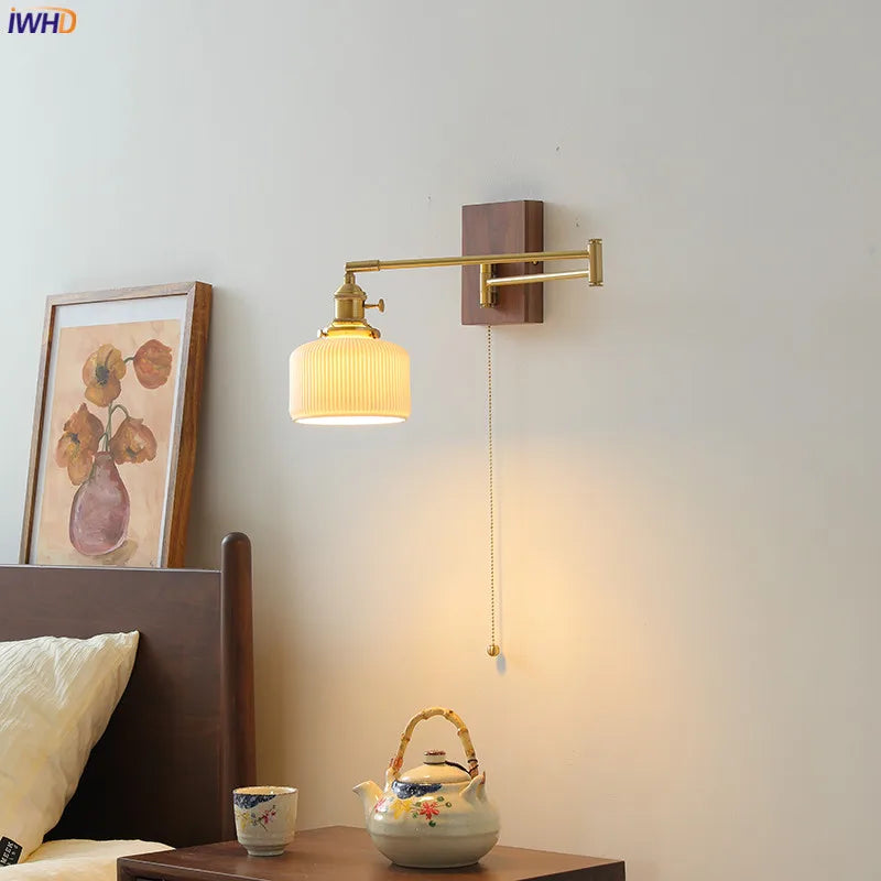 Axyaa Walnut Ceramic LED Wall Lamp with Copper Arm, Rotate, Pull Chain Switch