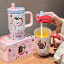 Axyaa Cartoon Cute Thermal Water Bottle Insulated Ceramic Cup with Handle & Double Straw