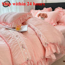 Axyaa Korean Princess Lace Ruffles Wedding Bedding Set with Washed Cotton Soft Duvet Cover