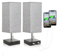 Axyaa USB Table Lamp with Pull Chain and Grey Fabric Shade