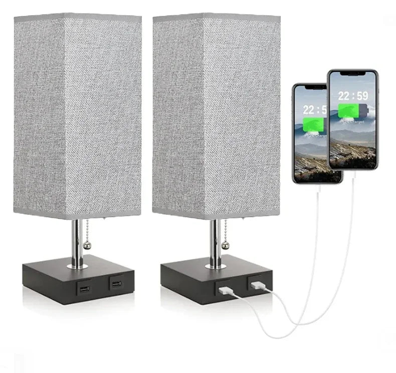 Axyaa USB Table Lamp with Pull Chain and Grey Fabric Shade