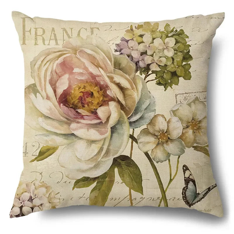 Axyaa Rose Butterfly Print Cotton Linen Pillowcase for Modern Living Room Decor