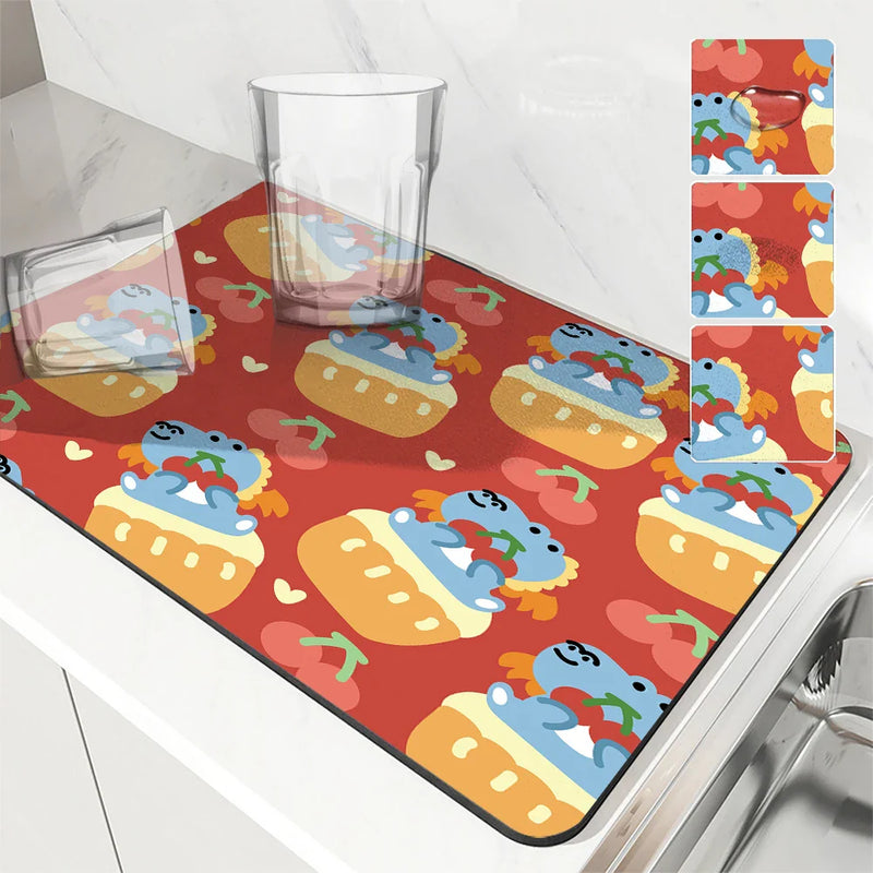 Axyaa Cartoon Dragon Kitchen Drying Mat - Anti-slip & Absorbent Drain Pad