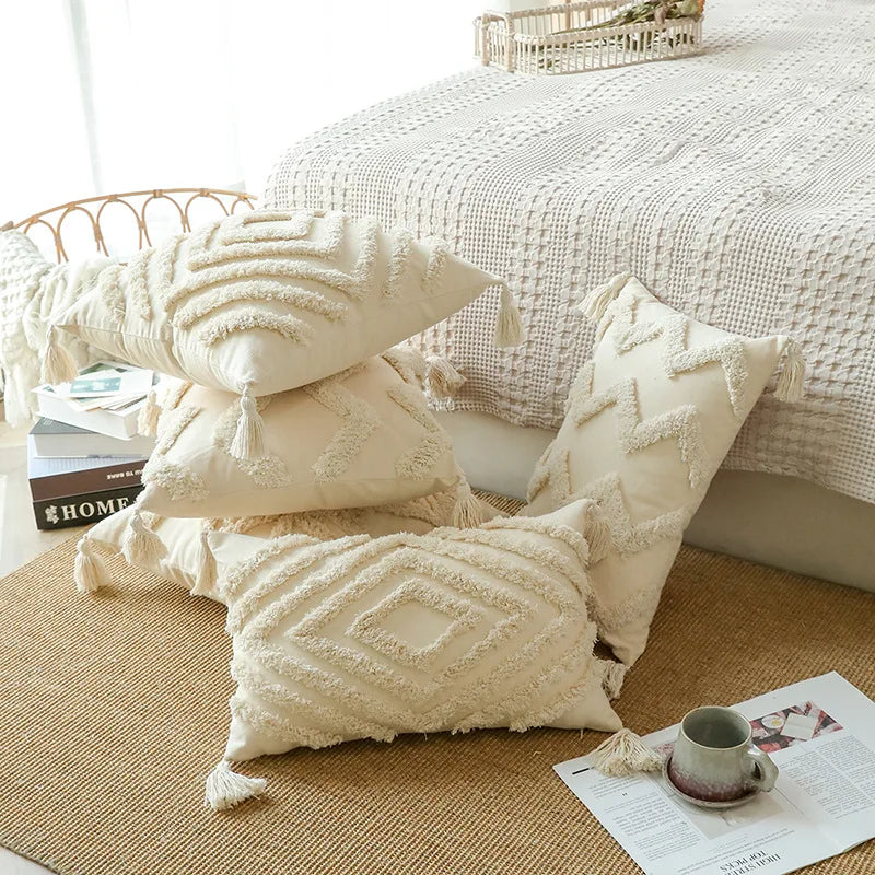 Geometric Tufted Boho Style Pillow Cover with Tassel, 100% Cotton Cushion Cover