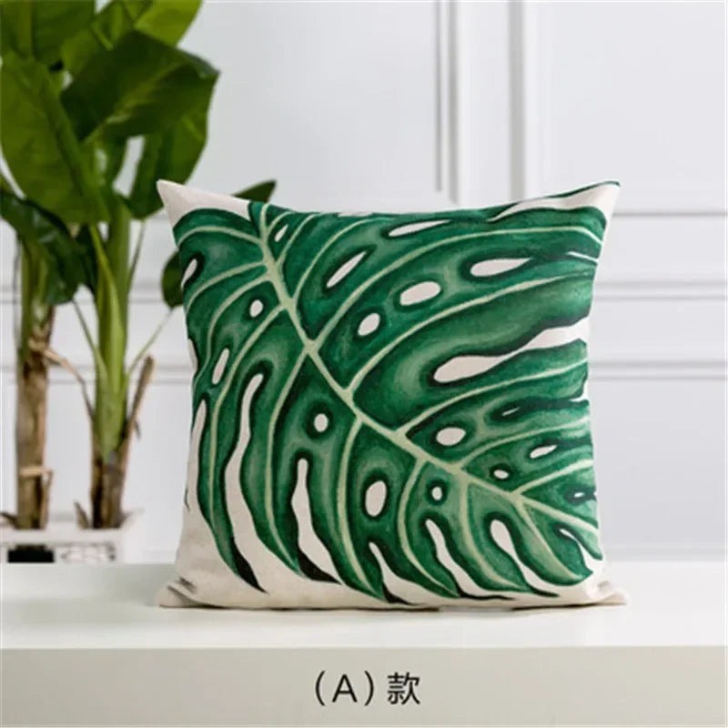 Axyaa Cactus Linen Cushion Cover 45x45cm for Home Decor - Green Plant Pillow Cover
