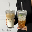 Axyaa Striped Glass Coffee Cup with Lid and Straw - Transparent Drinkware for Juice