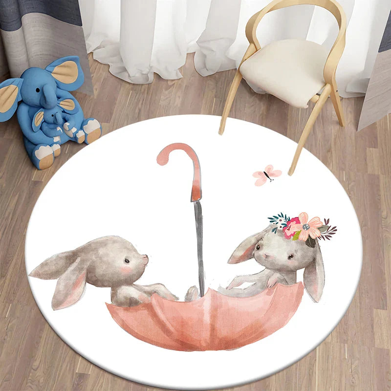 Round Rabbit Print Rug for Kids' Room | Axyaa's Cartoon Rabbit Mat