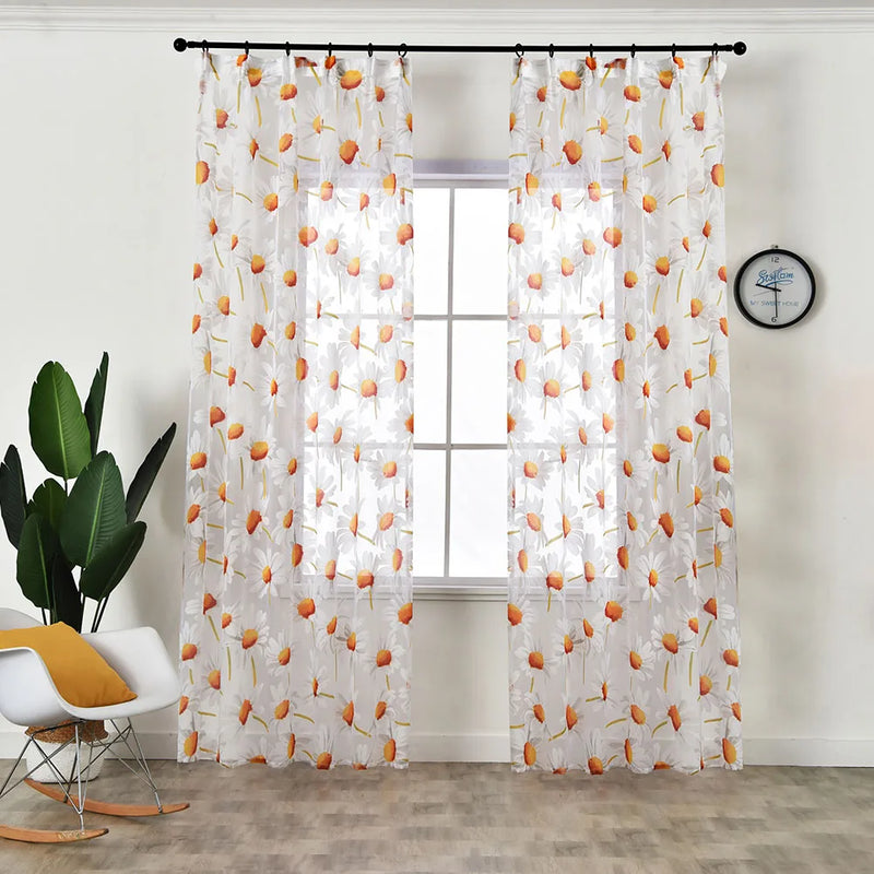 Axyaa White Daisy Sheer Window Curtain Drape for Living Room Floral Home Decor