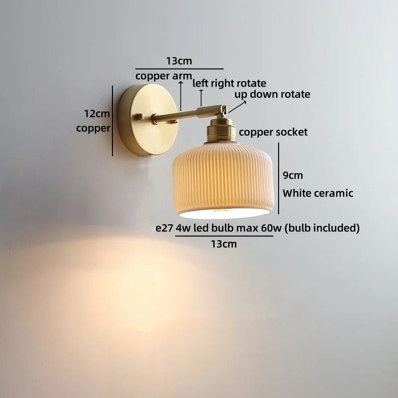 Axyaa Ceramic LED Wall Lamp: Japan Style Gold Brass Arm, Up Down Rotate