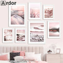 Axyaa Pink Beach Sunset Lake Mountain Canvas Wall Art Nordic Decor