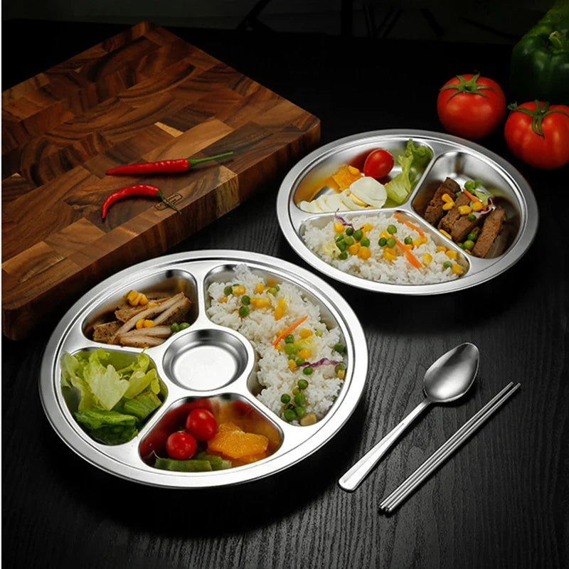 Axyaa Stainless Steel Divided Round Serving Tray Dinner Plates Canteen Lunch Dishes
