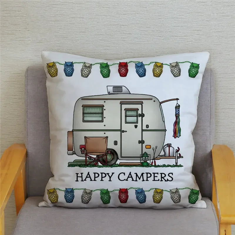Happy Campers Owl Motorhome Print Pillow Case by Axyaa