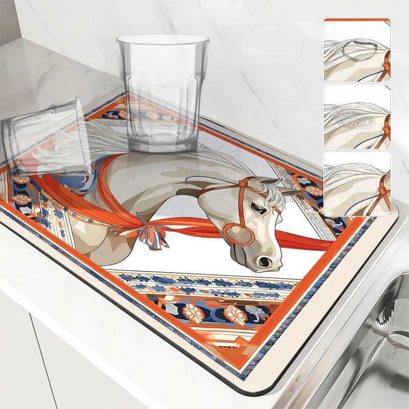 Axyaa Flower Print Drying Mat: Absorbent, Anti-Slip Placemat for Table Cups